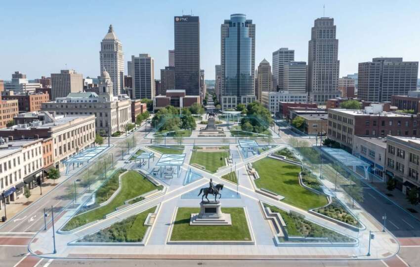 Aerial architectural rendering of the Piatt Park transformation project in downtown Cincinnati, part of 3CDC’s $128 million urban development plan.