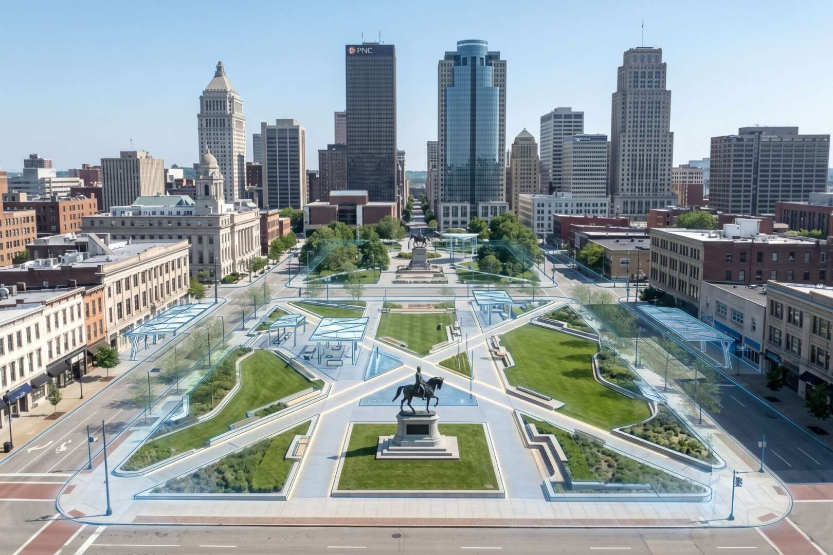 Aerial architectural rendering of the Piatt Park transformation project in downtown Cincinnati, part of 3CDC’s $128 million urban development plan.