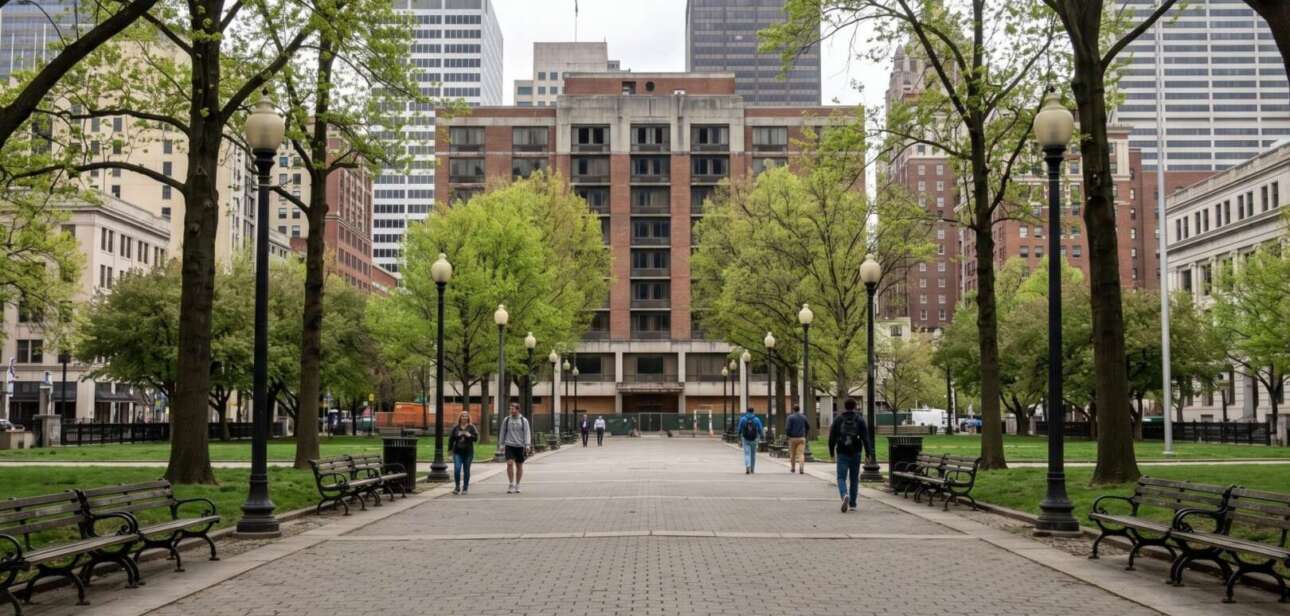 Pedestrians walking along a brick-paved path lined with trees and benches at Piatt Park in downtown Cincinnati.