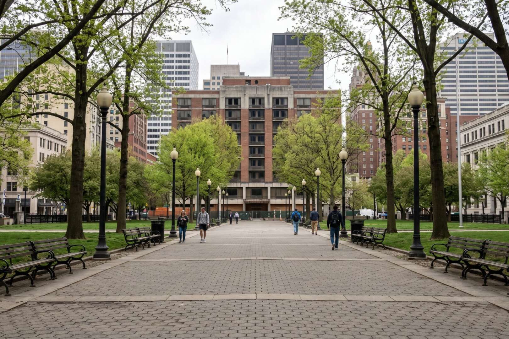Pedestrians walking along a brick-paved path lined with trees and benches at Piatt Park in downtown Cincinnati.