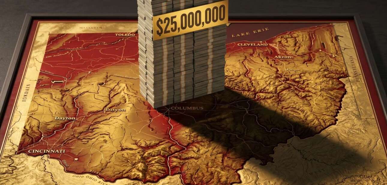 Alt Text: 3D illustration for a news article about the Ohio governor race, featuring a massive stack of $25,000,000 cash on a framed topographic map of Ohio, representing Vivek Ramaswamy's campaign funding. A deep shadow is cast over the Cincinnati area.