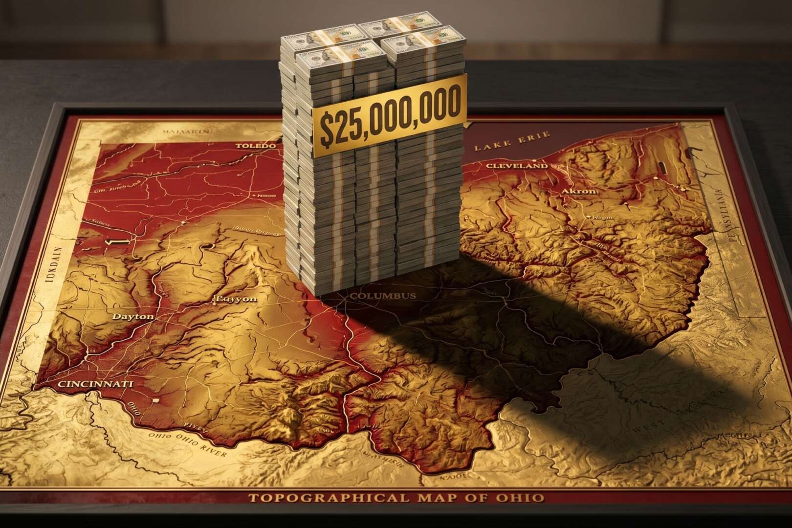 Alt Text: 3D illustration for a news article about the Ohio governor race, featuring a massive stack of $25,000,000 cash on a framed topographic map of Ohio, representing Vivek Ramaswamy's campaign funding. A deep shadow is cast over the Cincinnati area.