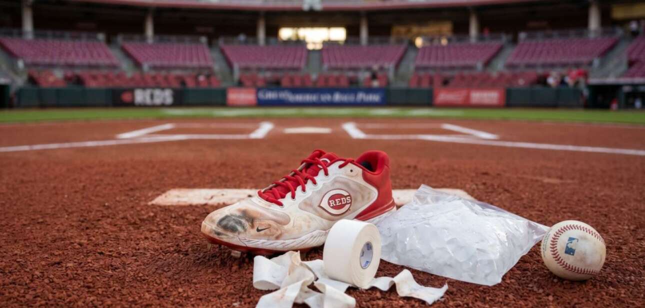 Cincinnati Reds baseball cleat, ice pack, and athletic tape on a baseball field for a Reds injury update.
