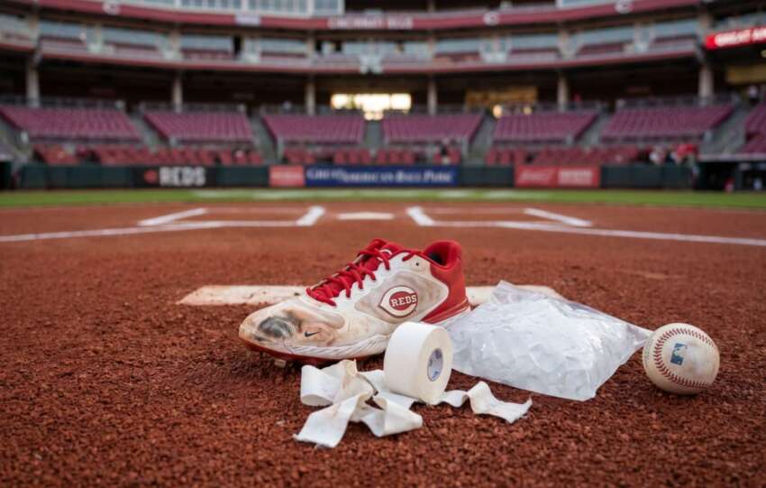 Cincinnati Reds baseball cleat, ice pack, and athletic tape on a baseball field for a Reds injury update.