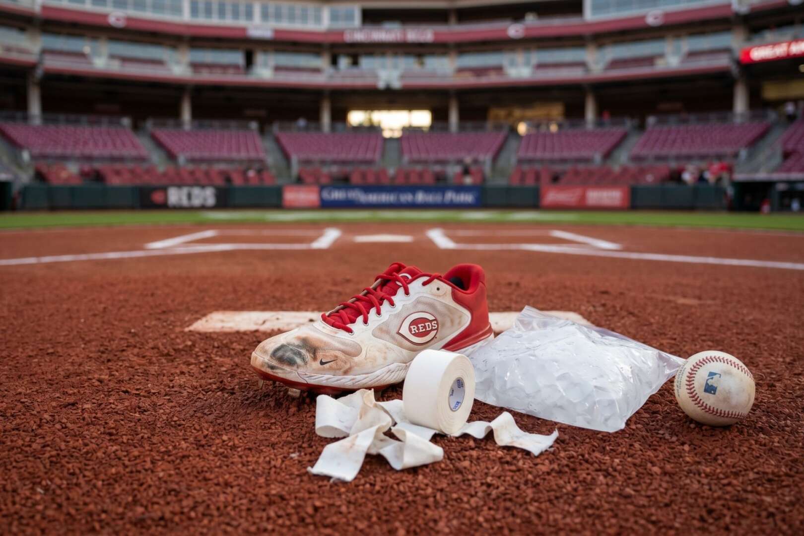 Cincinnati Reds baseball cleat, ice pack, and athletic tape on a baseball field for a Reds injury update.