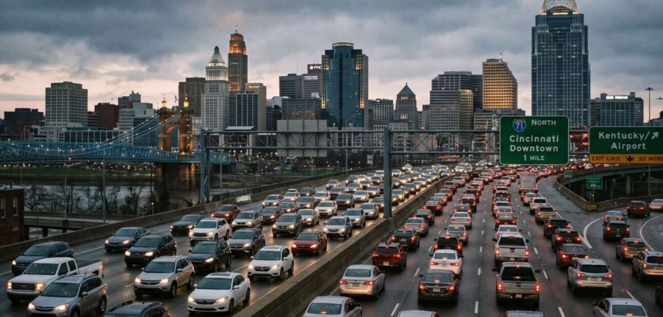 High-angle view of heavy highway traffic congestion leading toward the Cincinnati skyline under a cloudy sky.