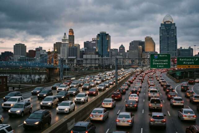 High-angle view of heavy highway traffic congestion leading toward the Cincinnati skyline under a cloudy sky.