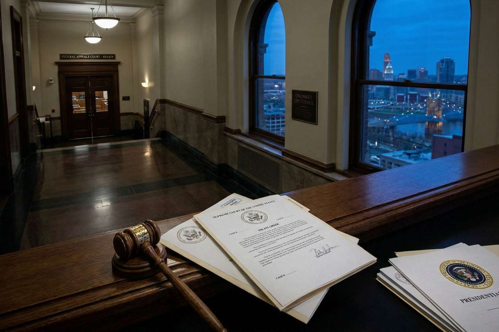 Wooden judge's gavel and legal documents resting on a courtroom bench, representing the Supreme Court proceedings in the Sittenfeld case.