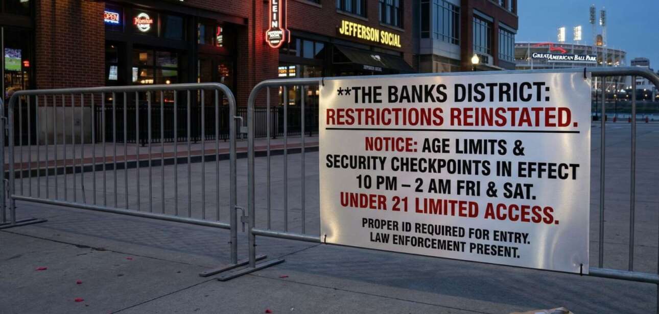 Metal barricades at The Banks district displaying a sign about reinstated age restrictions and security checkpoints.