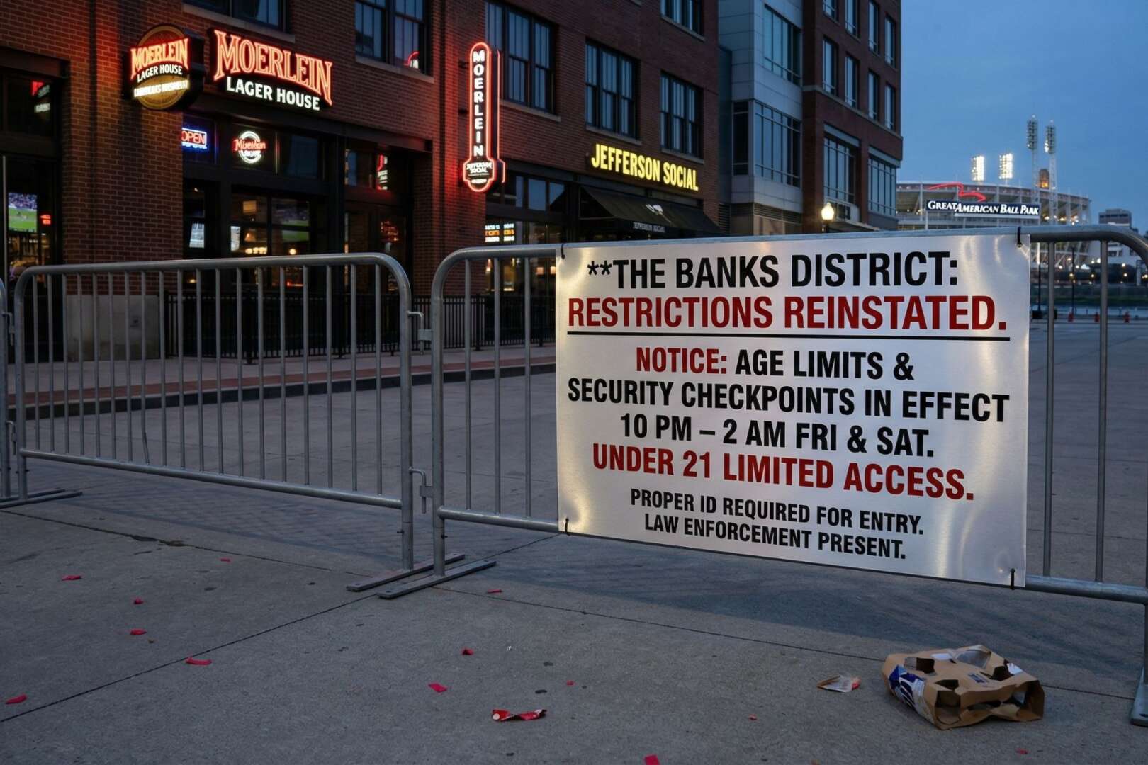 Metal barricades at The Banks district displaying a sign about reinstated age restrictions and security checkpoints.