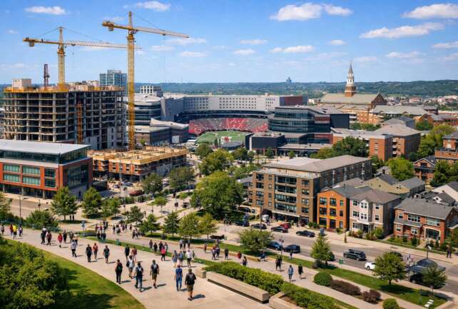 University of Cincinnati campus showing rapid growth, student activity, and new construction in Uptown Cincinnati