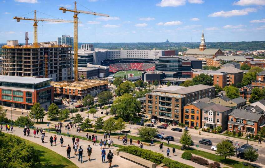 University of Cincinnati campus showing rapid growth, student activity, and new construction in Uptown Cincinnati
