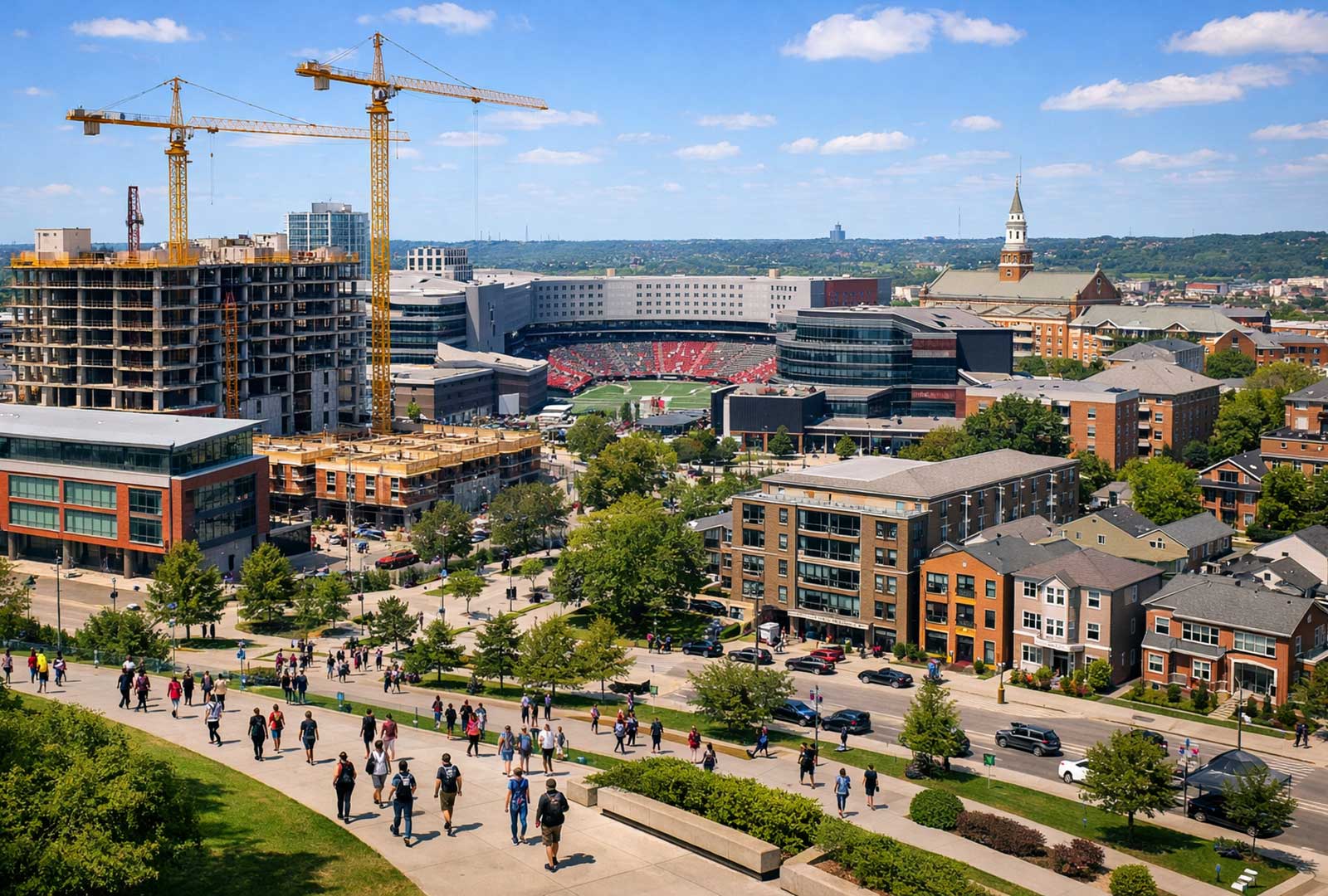University of Cincinnati campus showing rapid growth, student activity, and new construction in Uptown Cincinnati
