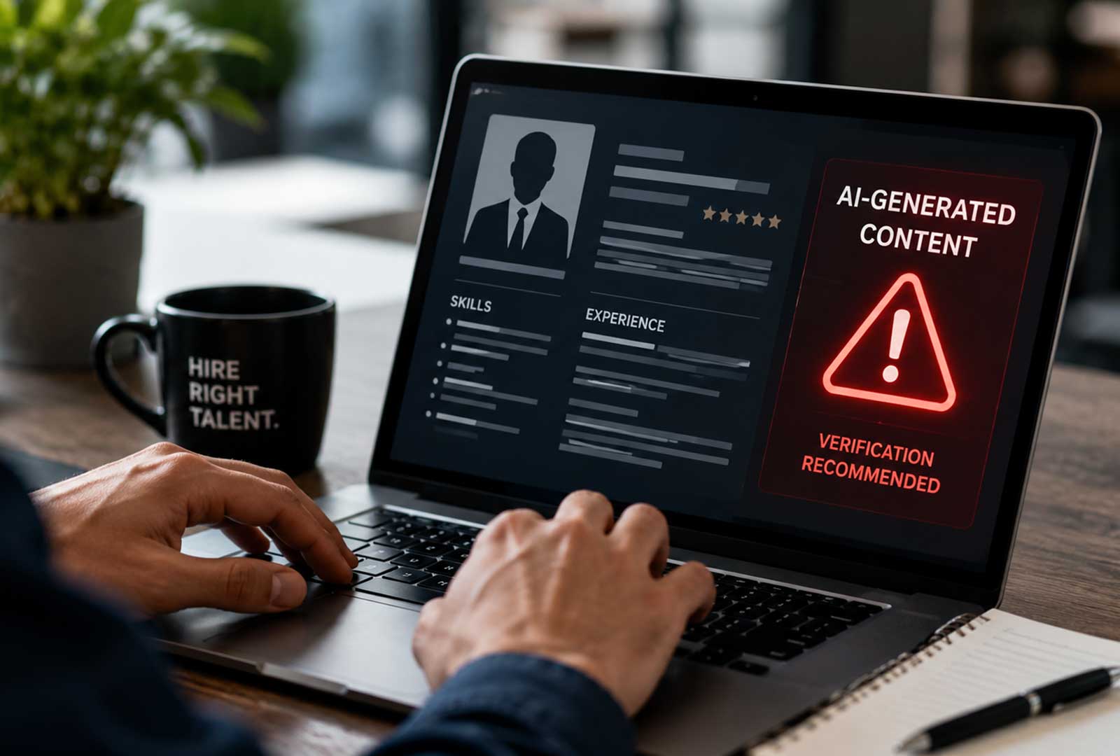 Hiring manager reviewing a suspicious AI-generated candidate profile on a laptop during the hiring process.