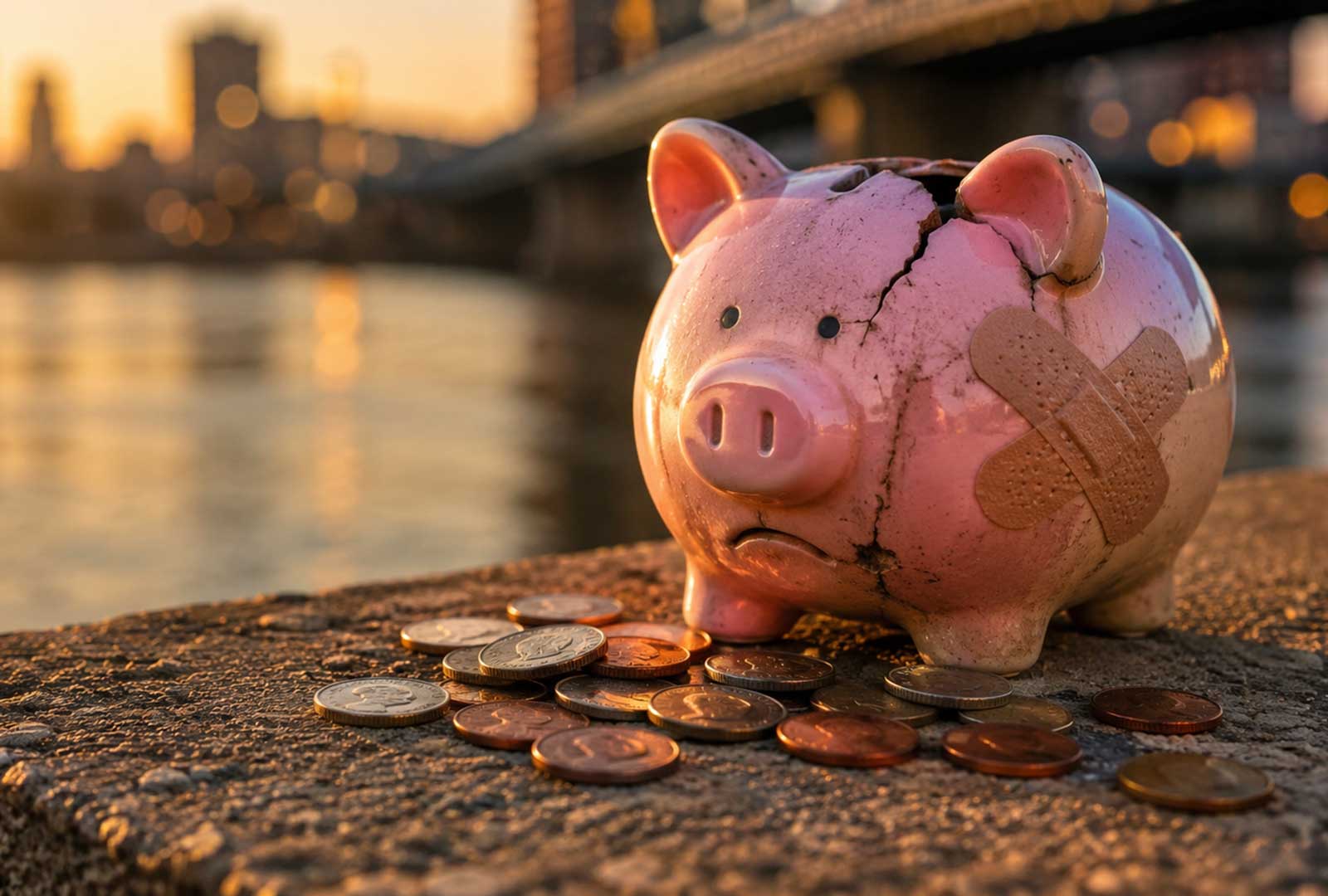 Cracked piggy bank sitting beside scattered coins with a blurred Cincinnati riverfront in the background, representing Cincinnati's FY 2027 budget pressures and financial strain.