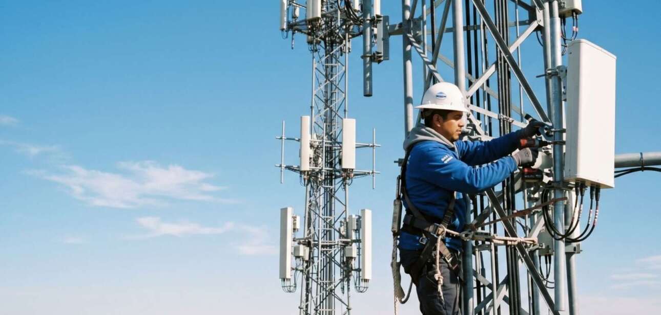 A technician in a hard hat and safety gear working on a 5G cellular tower against a clear blue sky, representing 5G network infrastructure and internet coverage in Cincinnati.