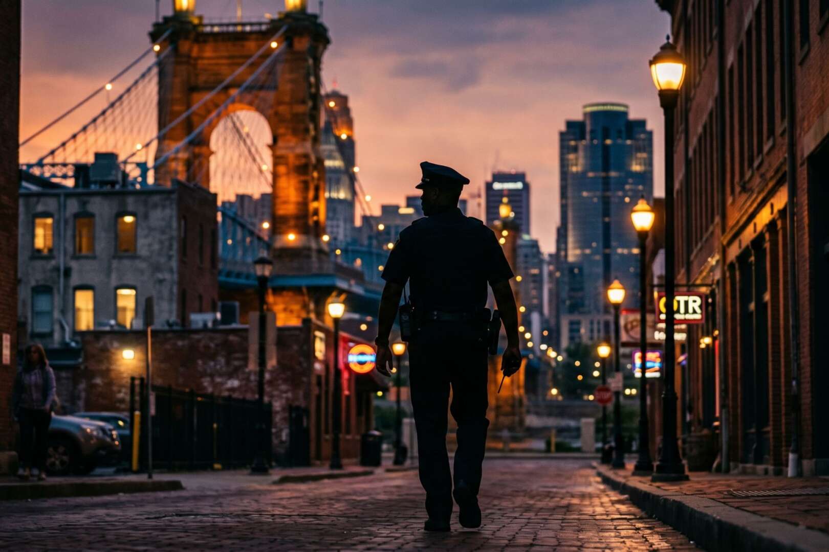 Silhouette of a Cincinnati police officer patrolling near the Roebling Suspension Bridge at dusk.