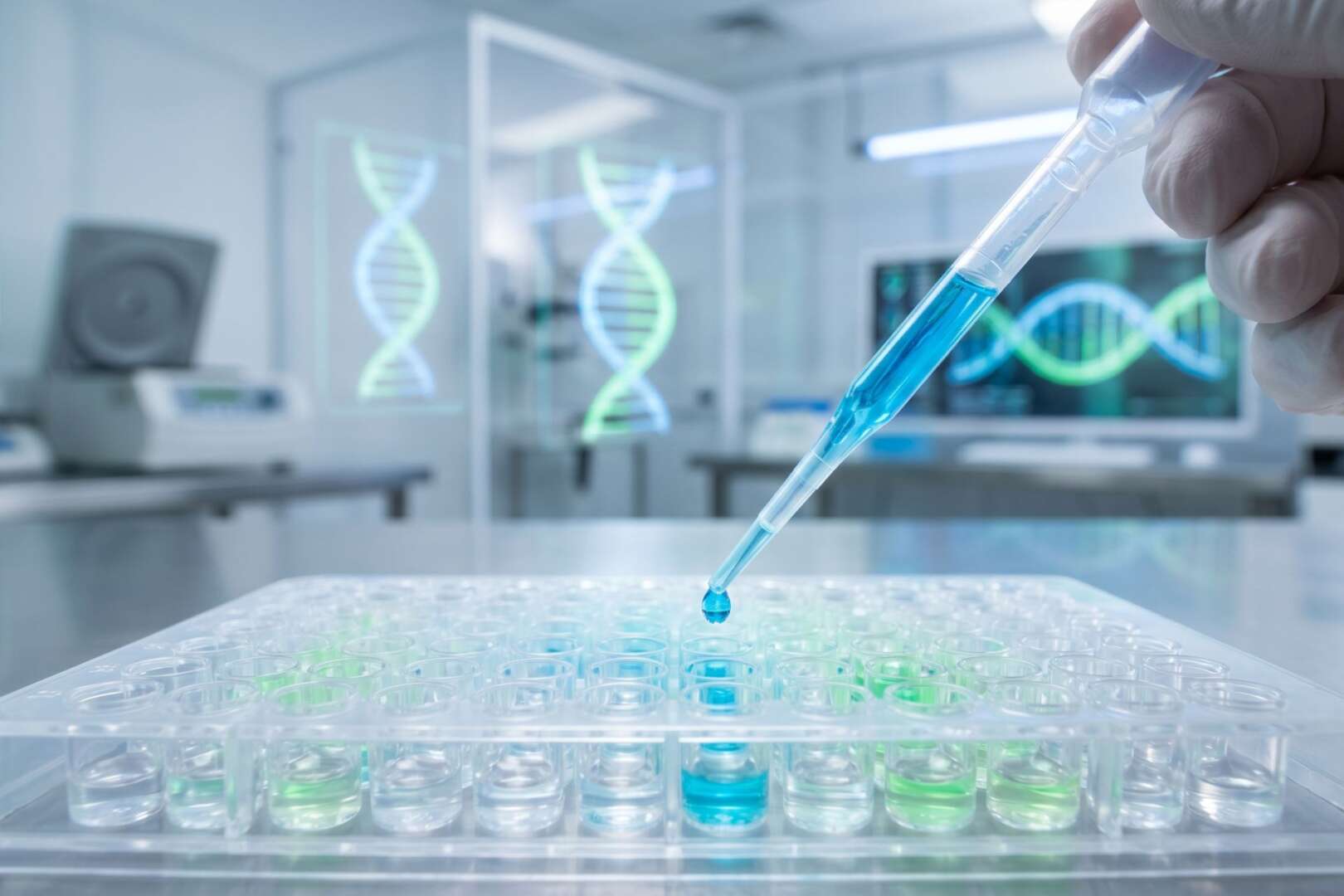 A macro shot of a pipette dropping bright blue or green liquid into a multi-well plate, or a futuristic, glowing DNA double-helix graphic integrated with a modern medical facility background.