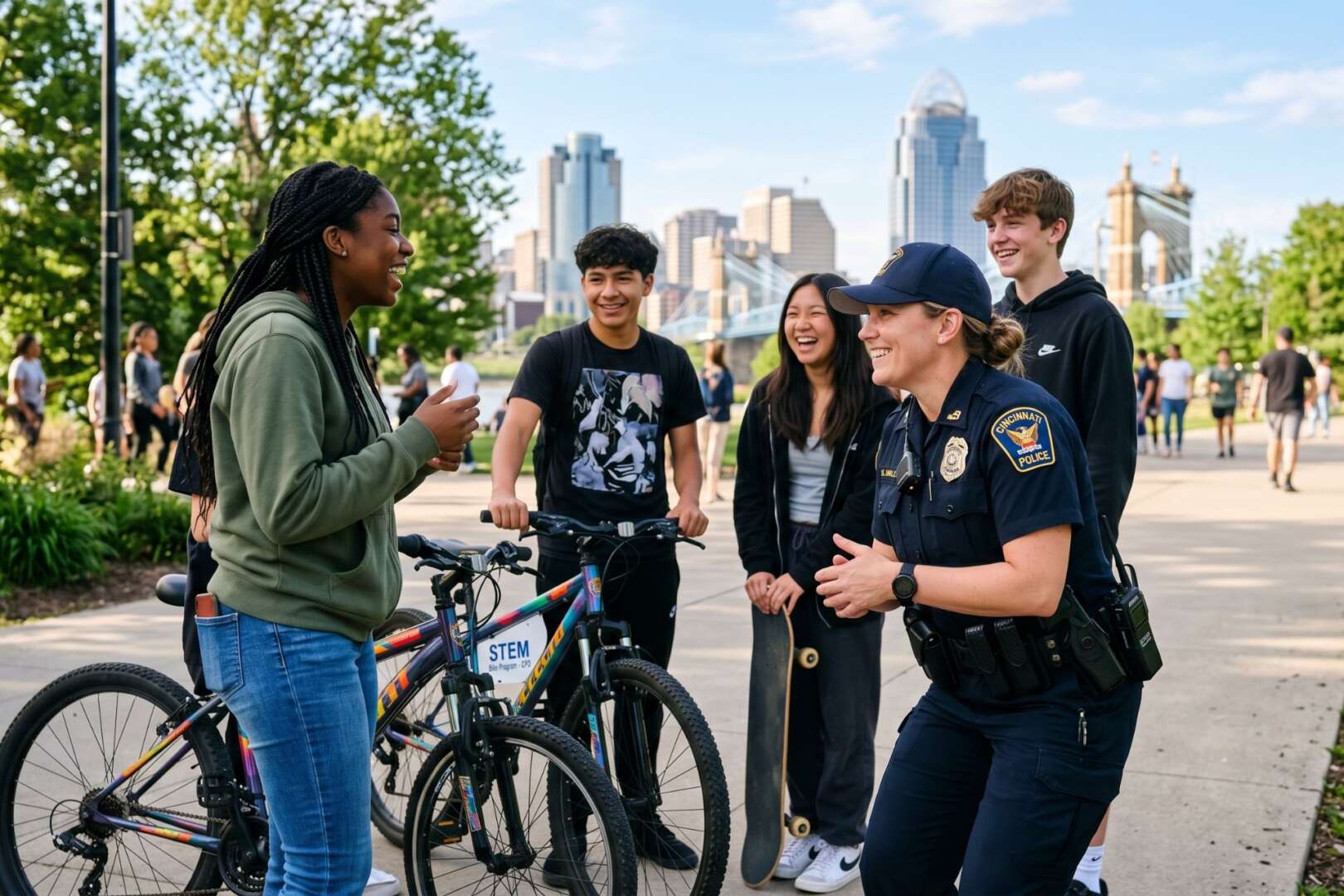 A Cincinnati police officer speaks with a group of teenagers with bicycles in a downtown park as part of 2026 youth crime prevention programs.