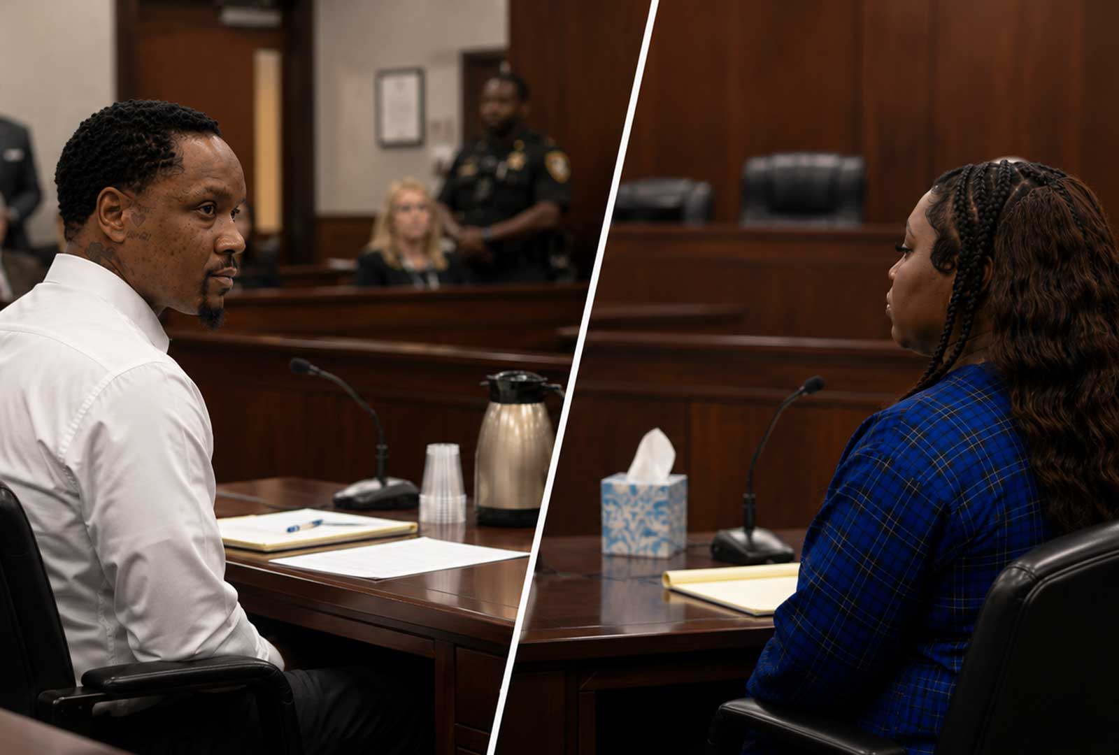 Split courtroom image showing two separate court appearances in the same courtroom, divided by an angled line, with a man on one side and a woman on the other. Cincinnati downtown beatdown sentencing.