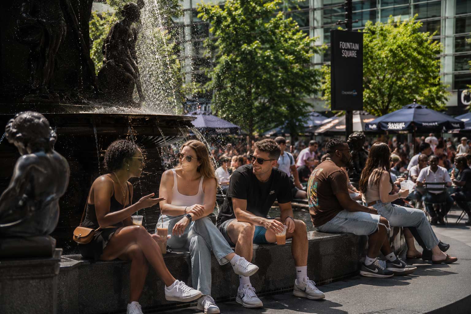 People sit and talk around the Tyler Davidson Fountain at Fountain Square in downtown Cincinnati on a sunny afternoon, with restaurants, trees, and crowds filling the plaza behind them.