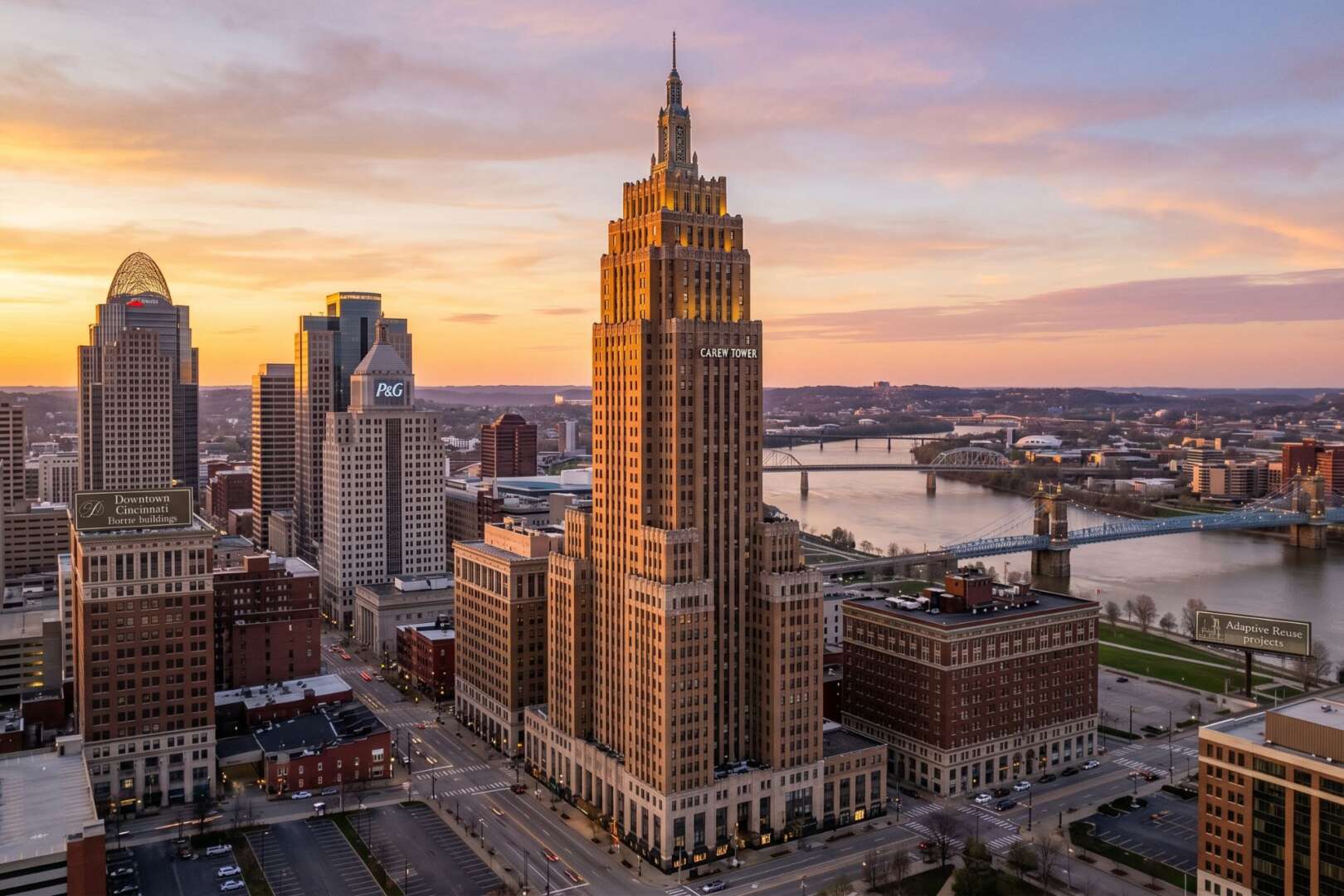 Aerial view of the Cincinnati skyline at sunset featuring the Carew Tower and the Ohio River, highlighting historic downtown redevelopment.