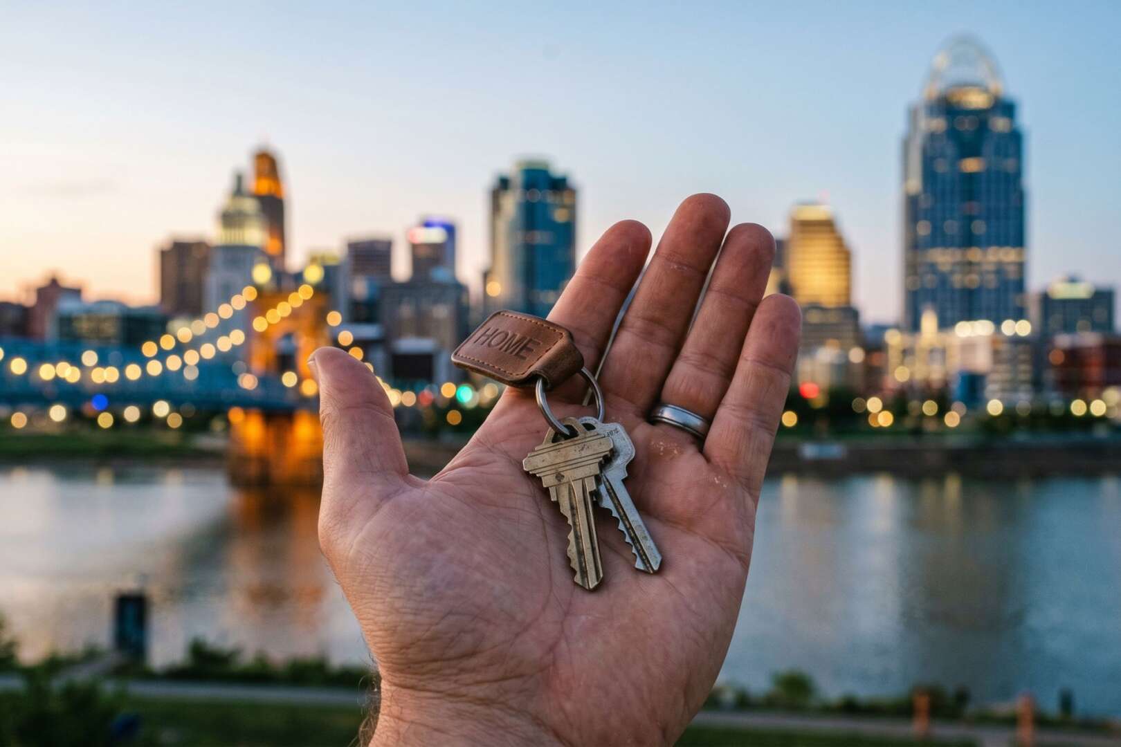 A hand holding a set of house keys against the twilight backdrop of the Cincinnati skyline and Roebling Suspension Bridge, symbolizing housing initiatives.