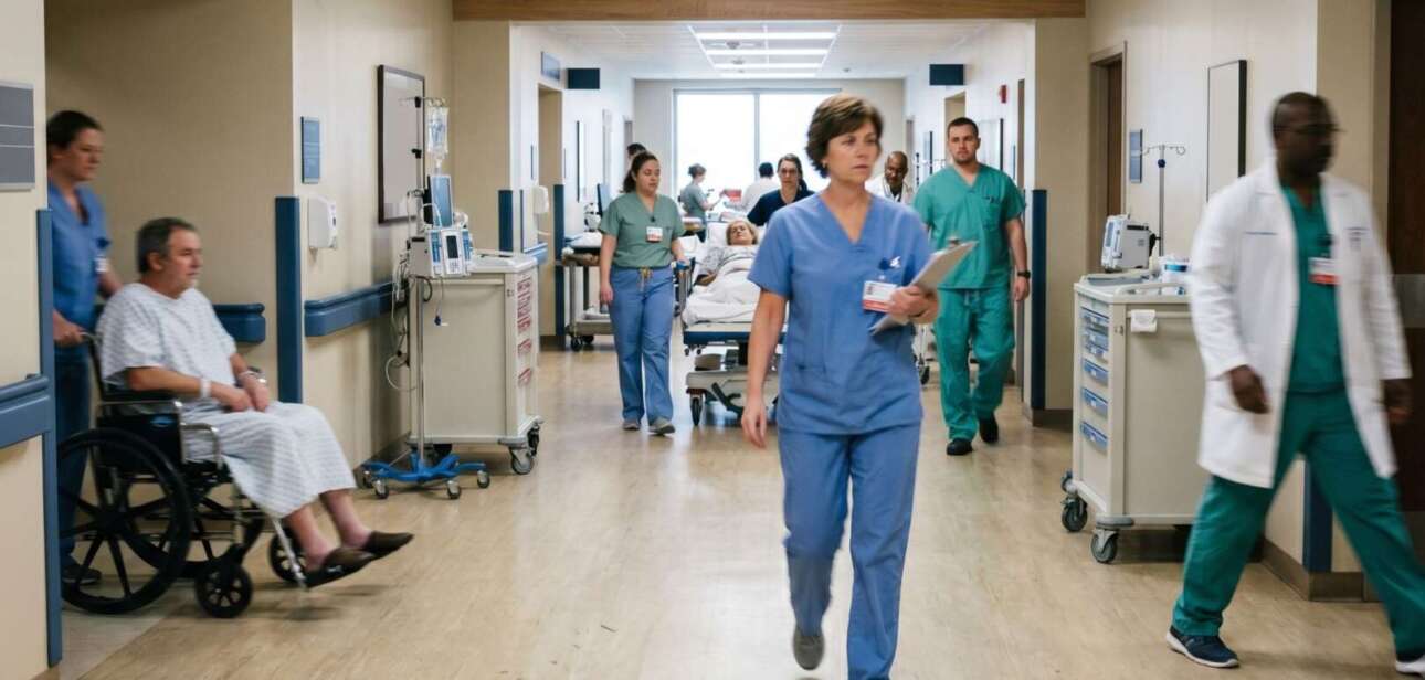 Busy hospital corridor with medical professionals and a patient in a wheelchair, representing Cincinnati hospital capacity.