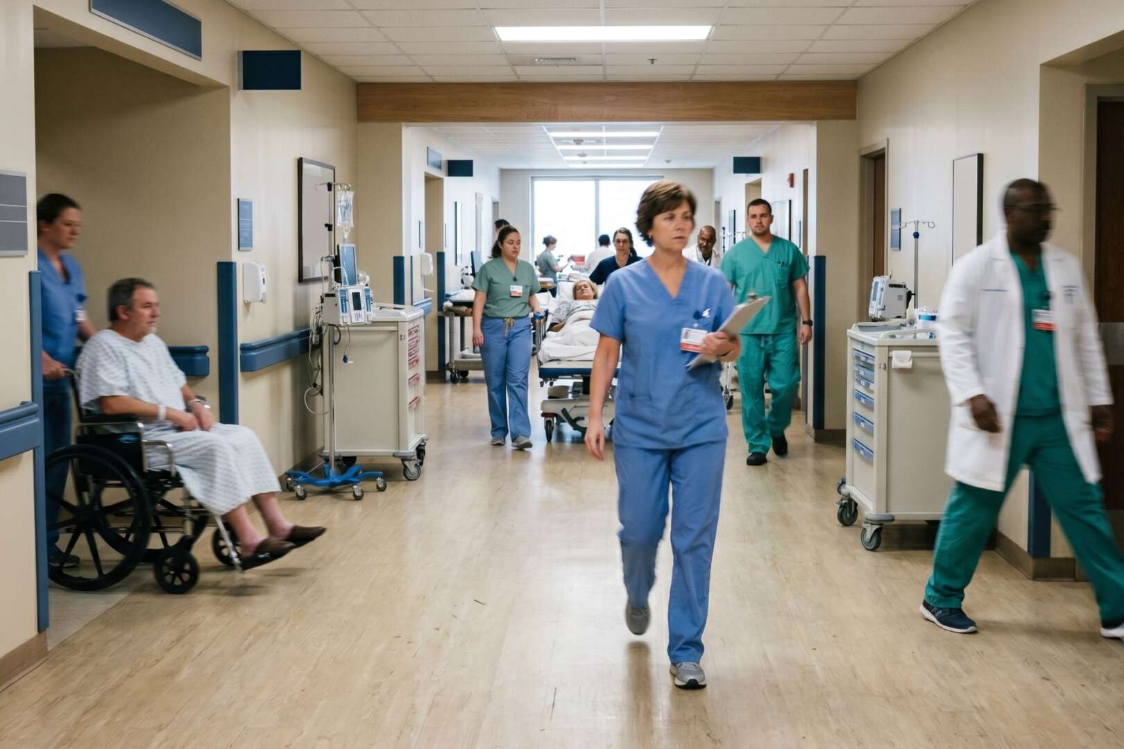 Busy hospital corridor with medical professionals and a patient in a wheelchair, representing Cincinnati hospital capacity.