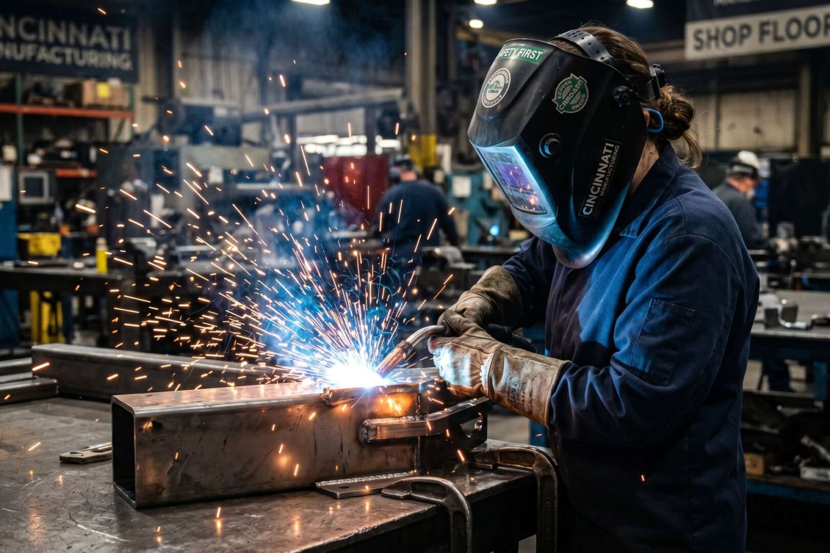 A manufacturing employee wearing safety gear welds metal components in a busy industrial facility, highlighting the growth of Cincinnati manufacturing jobs.