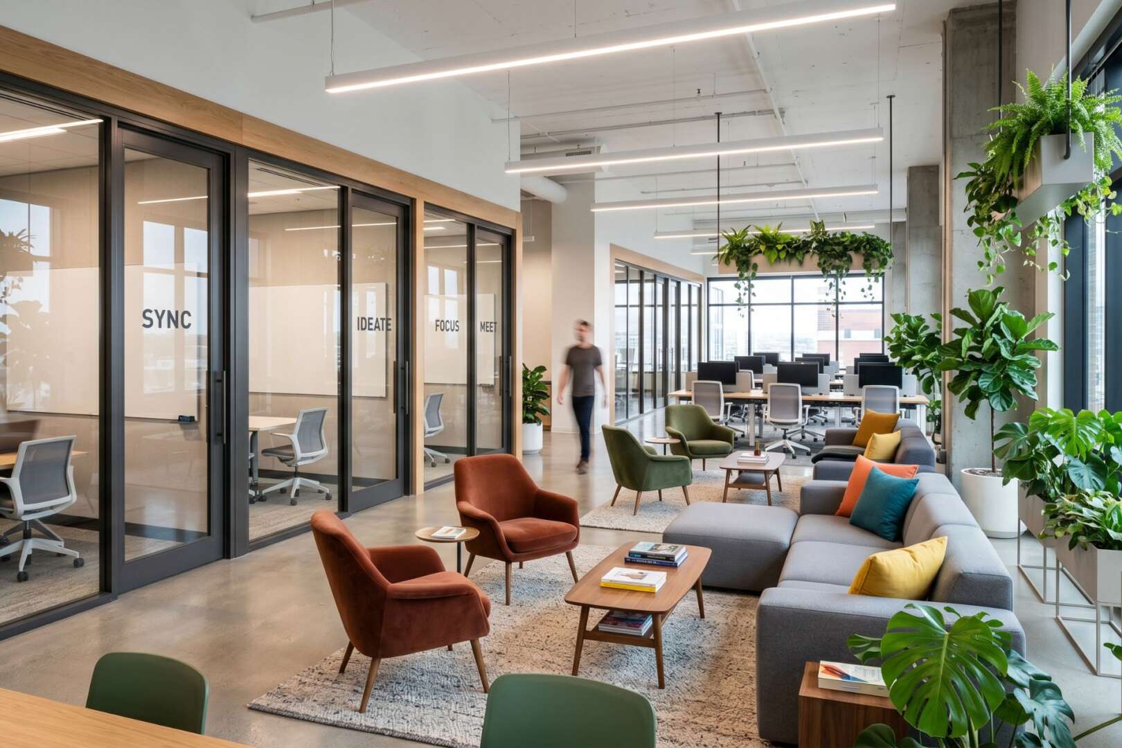 Modern open-concept office interior in Cincinnati featuring contemporary lounge seating, glass-walled meeting rooms, and vibrant indoor plants.