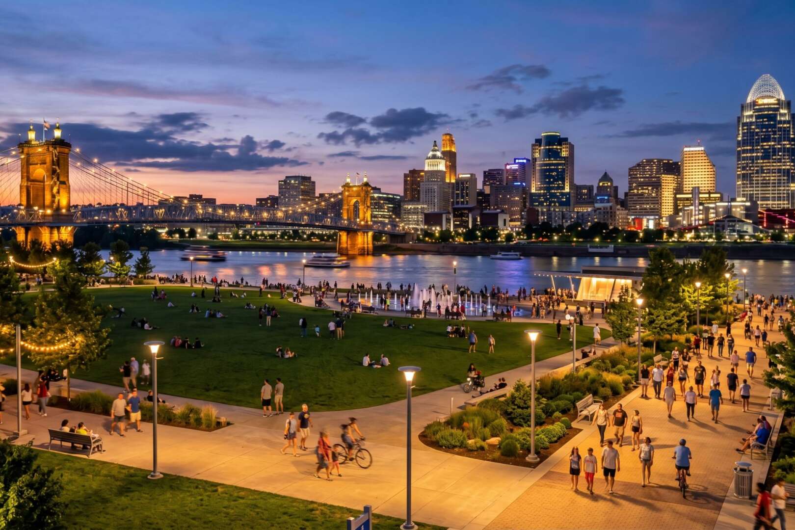 An evening view of a Cincinnati riverfront park featuring illuminated pedestrian pathways and the city skyline, demonstrating ongoing park safety improvement projects.