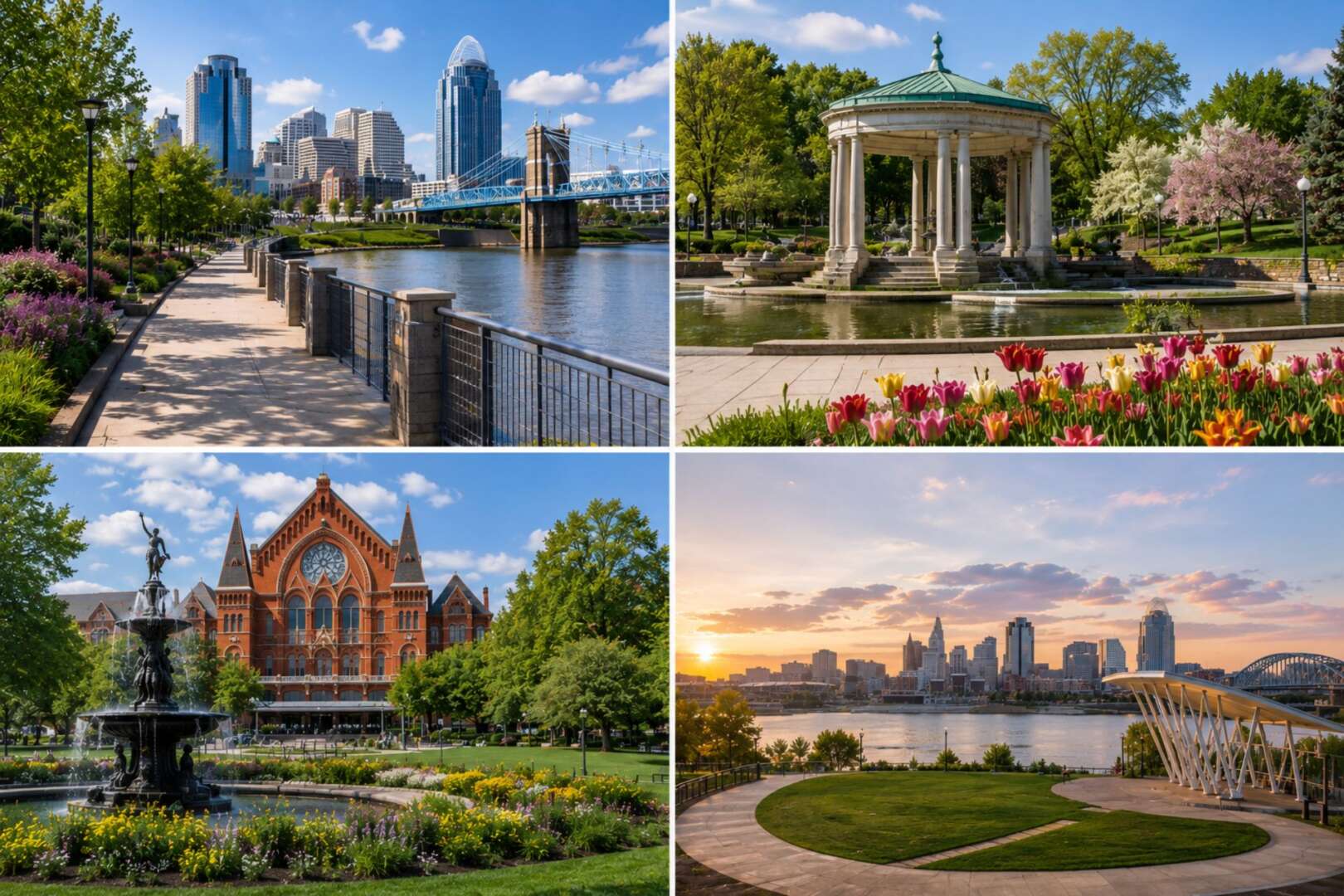 A collage of four scenic Cincinnati parks, including Washington Park and Smale Riverfront Park, celebrating the Cincinnati park system ranking 5th in a 2026 national survey.