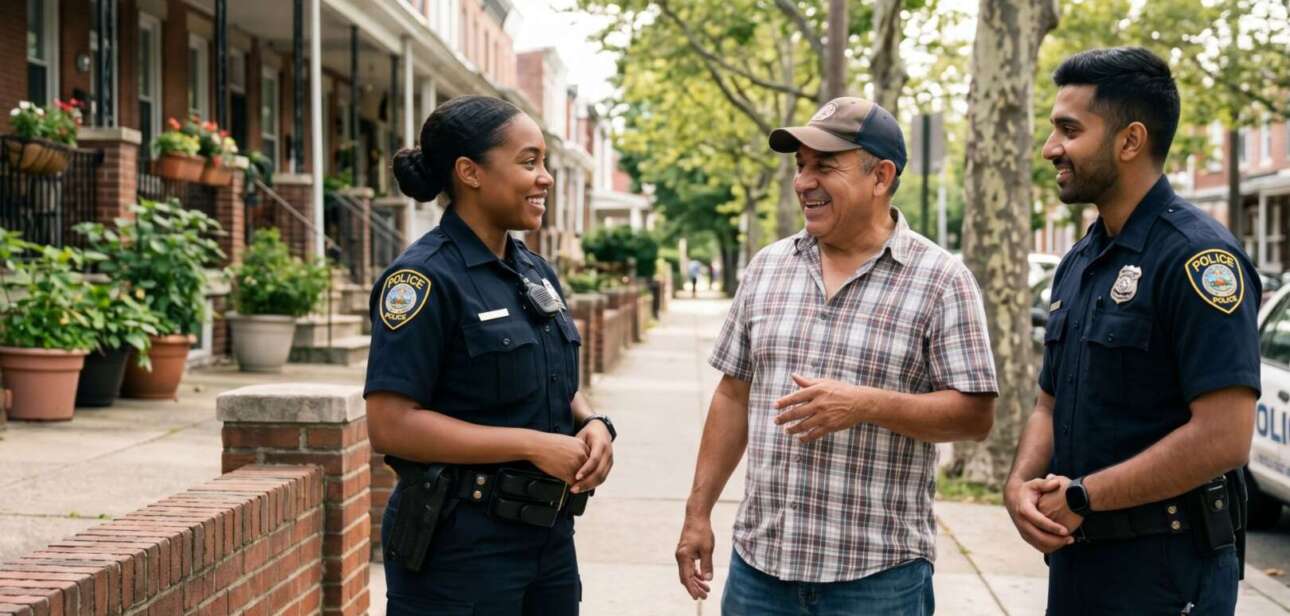 Two police officers (ideally reflecting the diversity mentioned in the article, such as a female and a minority officer) standing on a sidewalk, engaged in a positive, relaxed conversation with a local neighborhood resident.