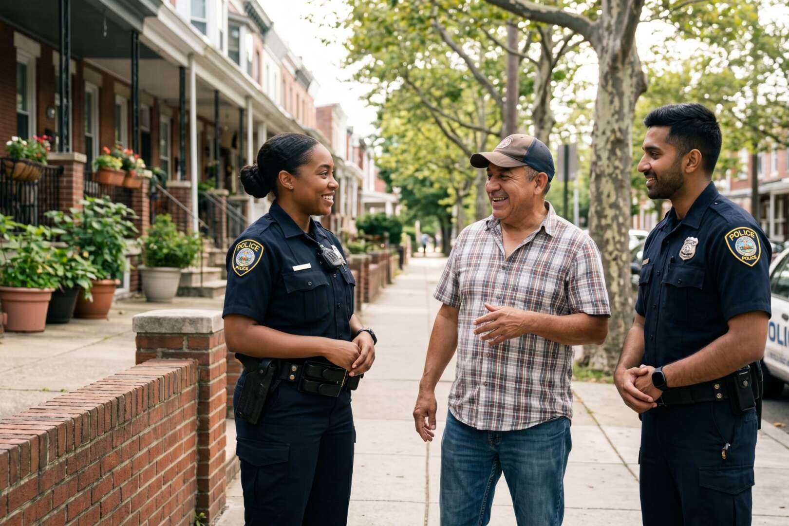 Two police officers (ideally reflecting the diversity mentioned in the article, such as a female and a minority officer) standing on a sidewalk, engaged in a positive, relaxed conversation with a local neighborhood resident.