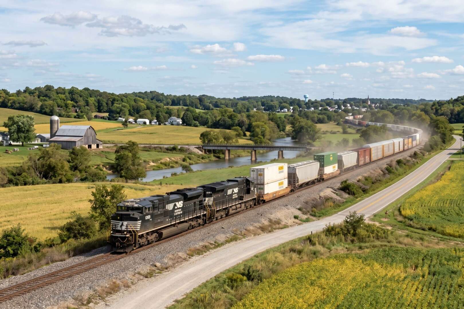 Aerial view of a long freight train traveling along curved tracks through a lush green rural landscape, representing the Cincinnati Southern Railway.