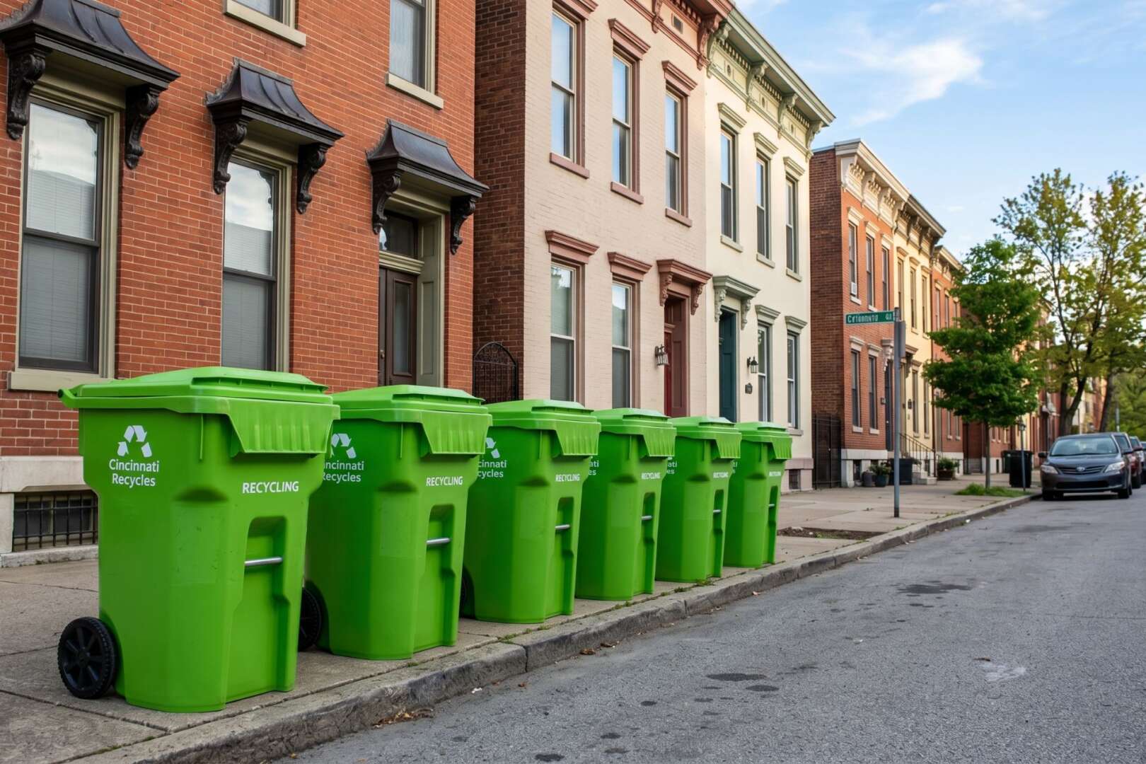 A row of new green recycling carts lined up along a residential street in Cincinnati, representing the federal grant expansion.