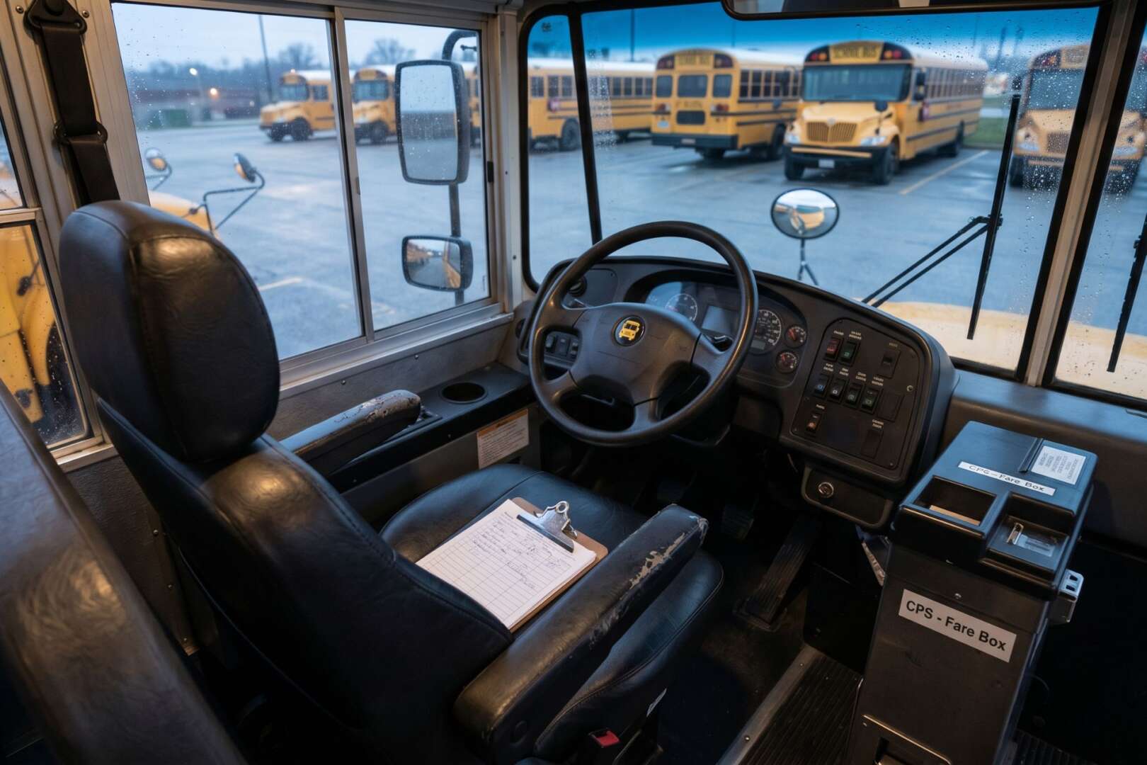 Empty driver's seat inside a yellow school bus parked in a lot, illustrating the Cincinnati school bus driver shortage.