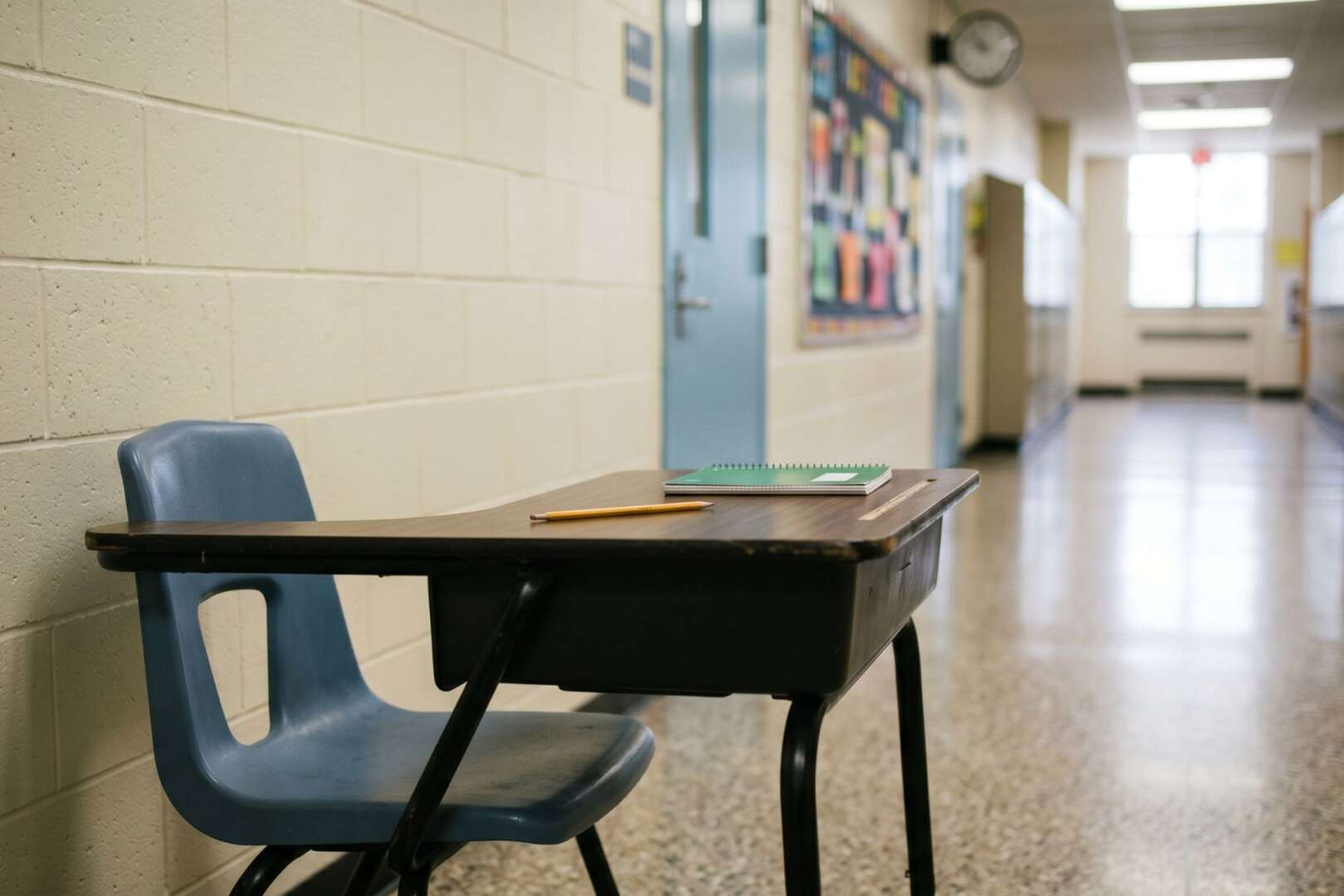 An empty desk and chair sit in a vacant school hallway, representing the impact of 2026 Cincinnati Public Schools job reductions and budget cuts.