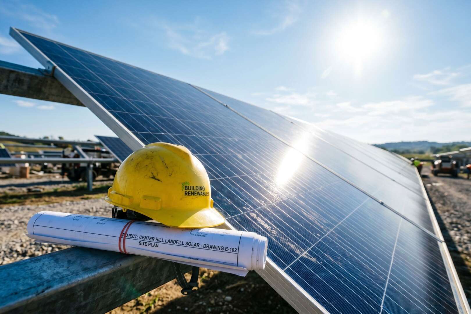 A yellow hard hat and rolled blueprints resting on a solar panel under a bright sun at a landfill conversion site.