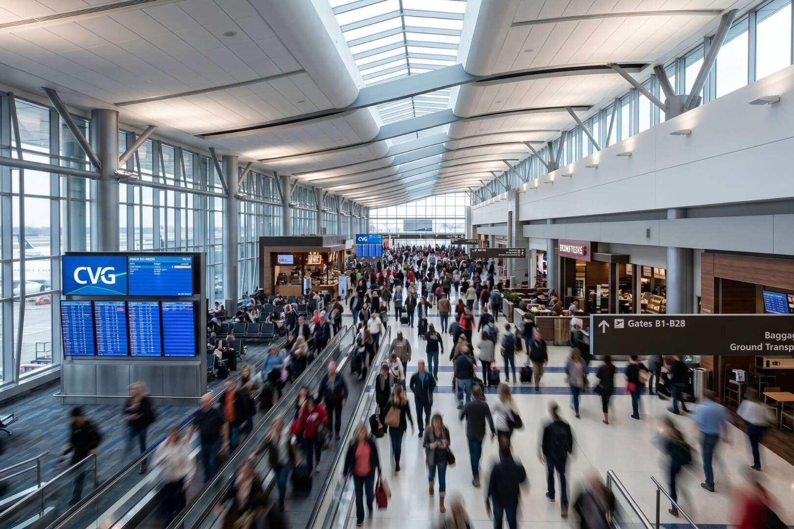 A busy airport terminal filled with travelers carrying luggage, illustrating the surge in 2026 Cincinnati tourism.