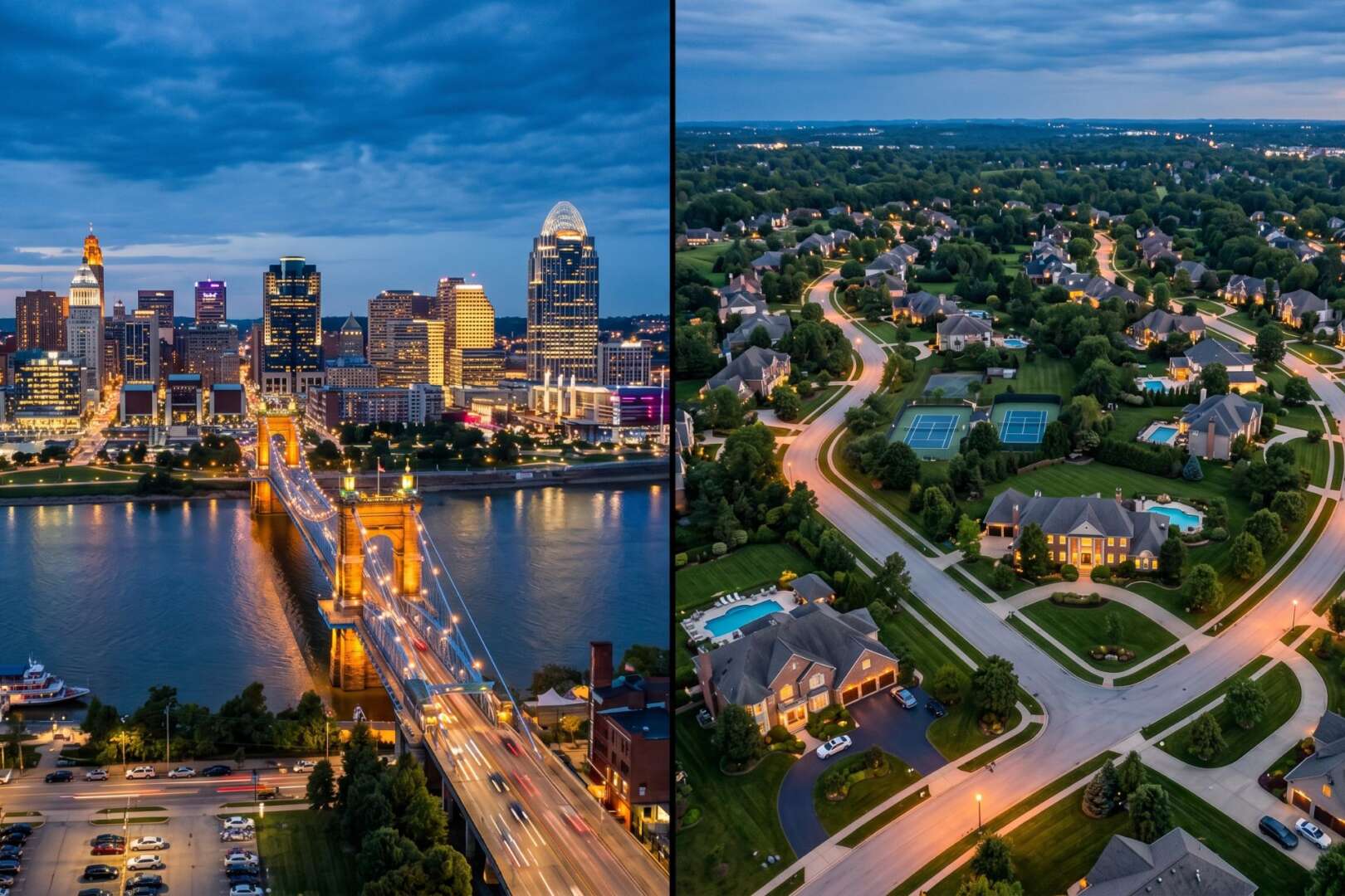 A split-screen view contrasting the illuminated downtown Cincinnati skyline at twilight with an aerial view of a sprawling suburban neighborhood at night.
