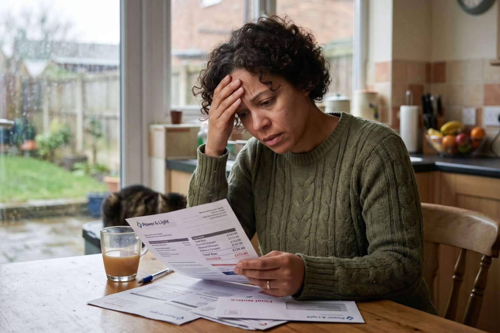 A stressed woman sitting at a kitchen table holding a utility bill and resting her head in her hand, representing rising energy costs in Cincinnati.