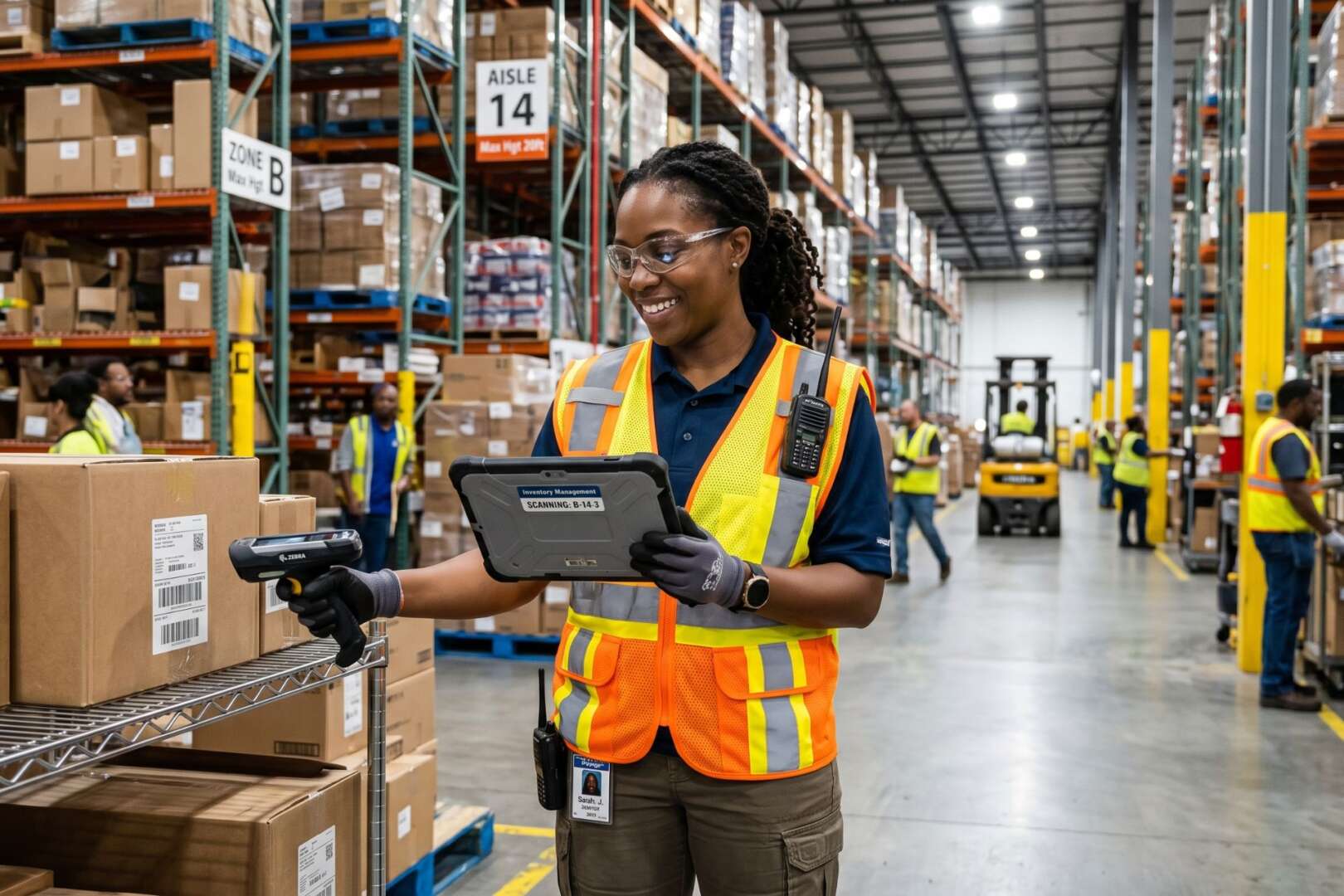 A warehouse worker in a high-visibility vest scans inventory with a digital tablet inside a large logistics facility.