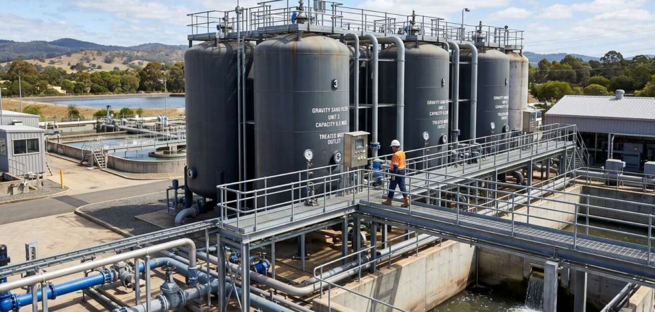 Large industrial water filtration tanks and infrastructure at a water treatment facility.