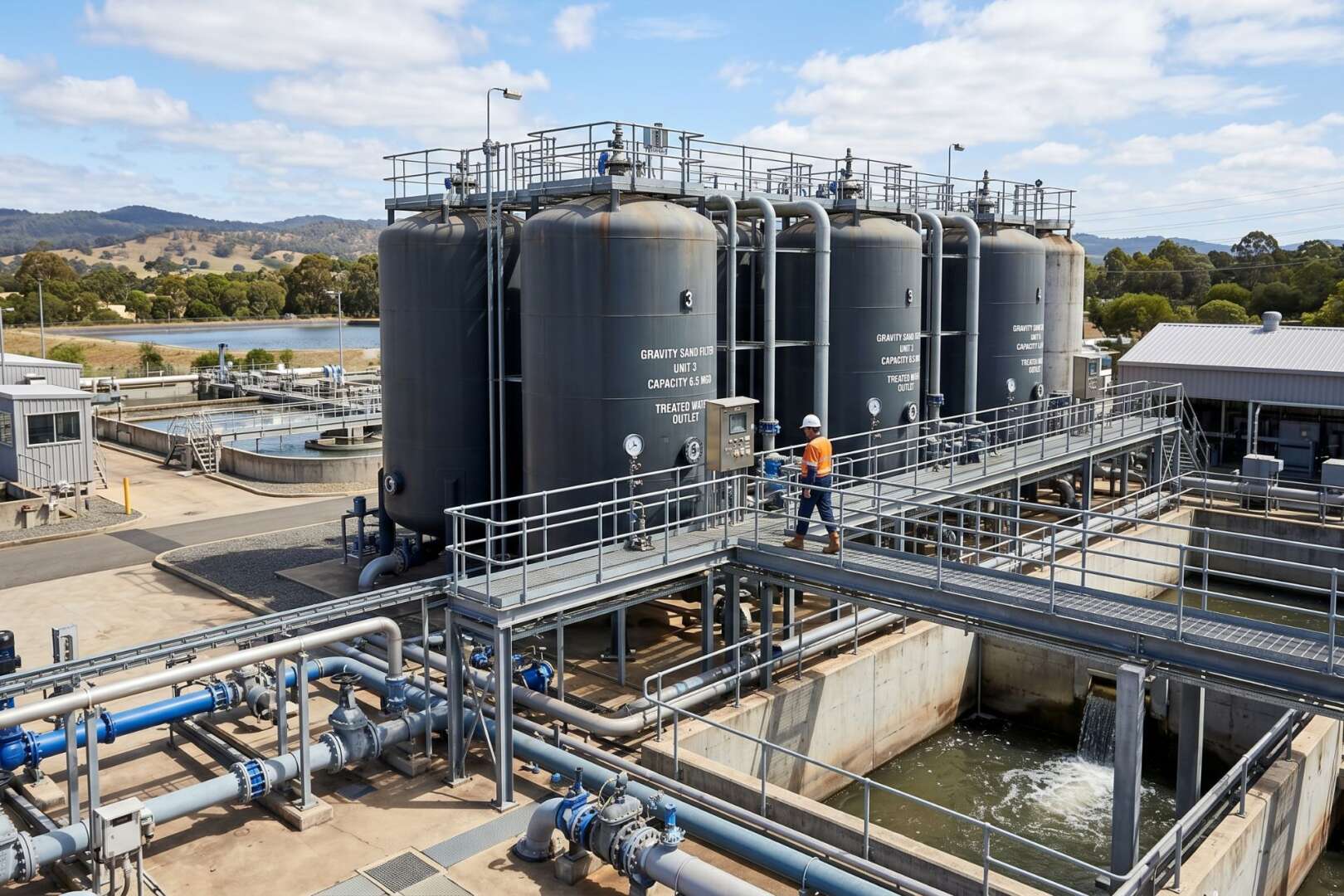 Large industrial water filtration tanks and infrastructure at a water treatment facility.