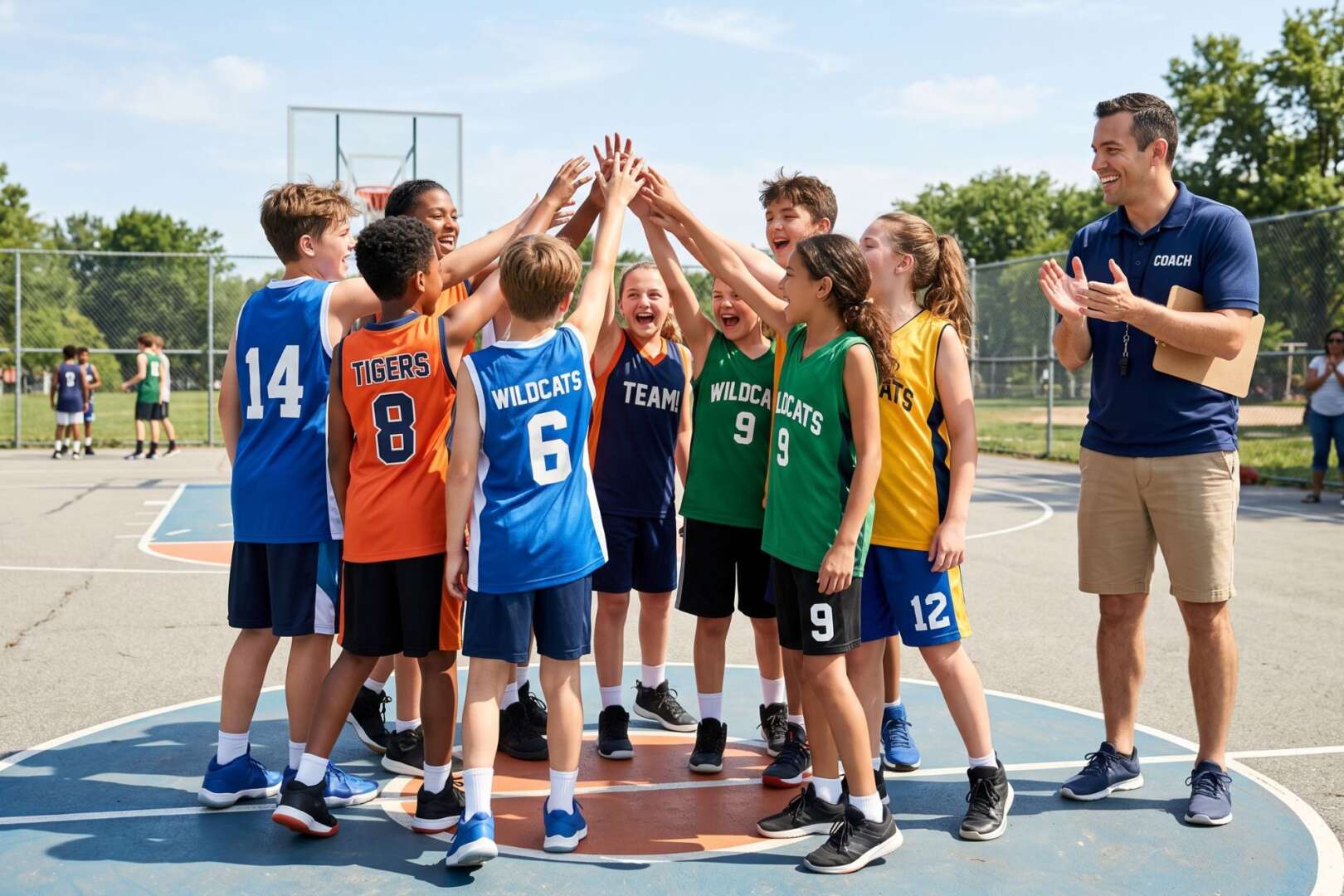 A diverse group of young athletes in colorful uniforms gathering for a team cheer with their coach on an outdoor basketball court in Cincinnati.