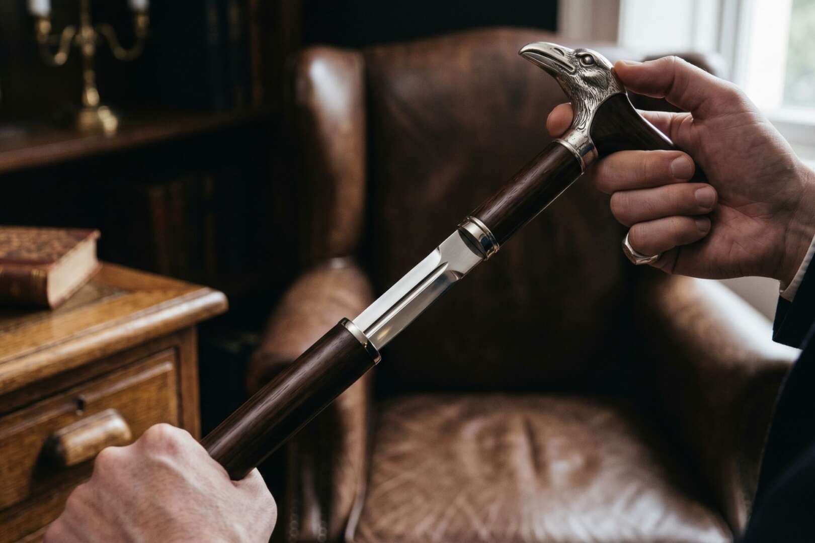 A person’s hands unsheathing a concealed steel blade from a wooden walking cane, showing a sword cane weapon.