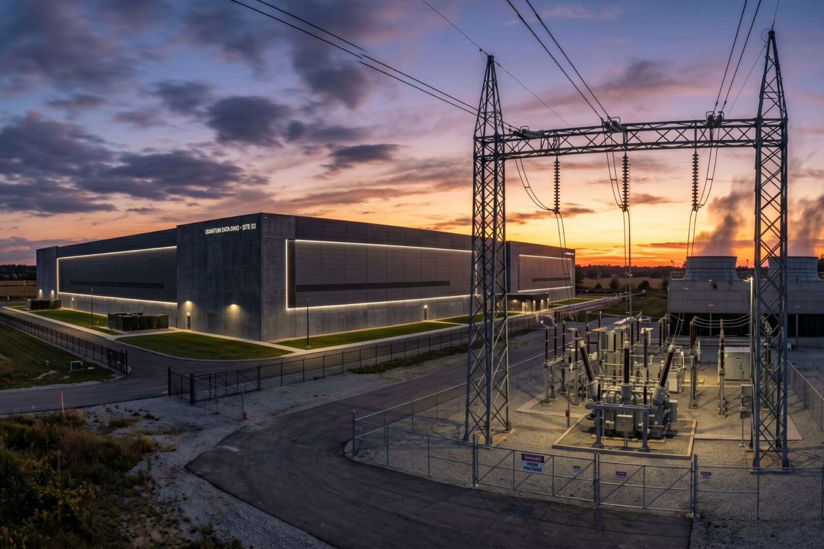 A modern data center facility situated next to a high-voltage electrical substation at dusk, illustrating the heavy power infrastructure required for Ohio's tech expansion.