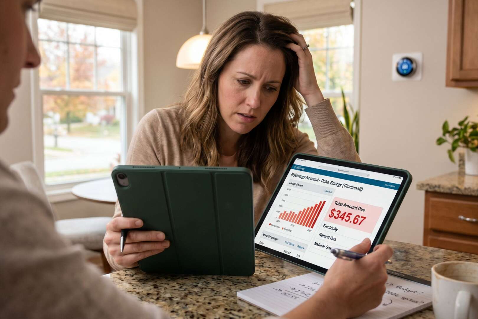 A concerned couple sits at a kitchen counter, reviewing rising utility bills and a digital graph of 2026 energy cost trends on a tablet.
